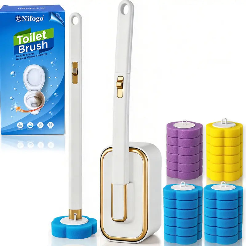 Compact Disposable Plastic Toilet Brush Gift Set - 24 Disposable Heads, Wall-Mount Holder, Handle, Wall-Mounted Caddy for Tidiness, Germ-Contact Reduction for Car Interior & Household Use
