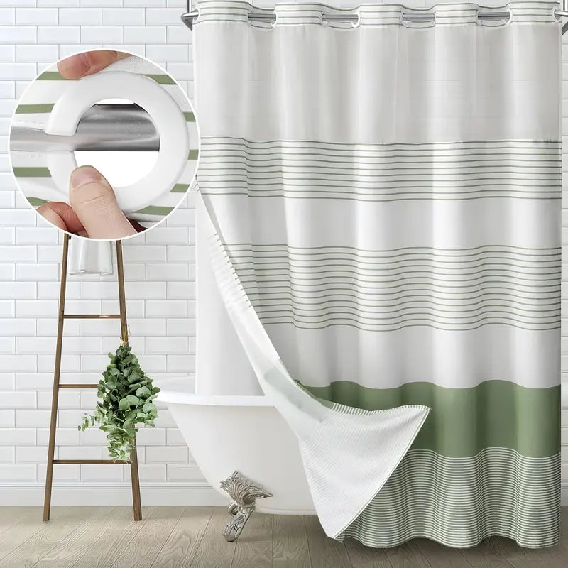 striped geometric double-layer shower curtain, no-drill hookless design, with sheer top window for light transmission, quick installation and easy removal for cleaning, suitable for hotels, homestays, and modern home bathrooms,72x75