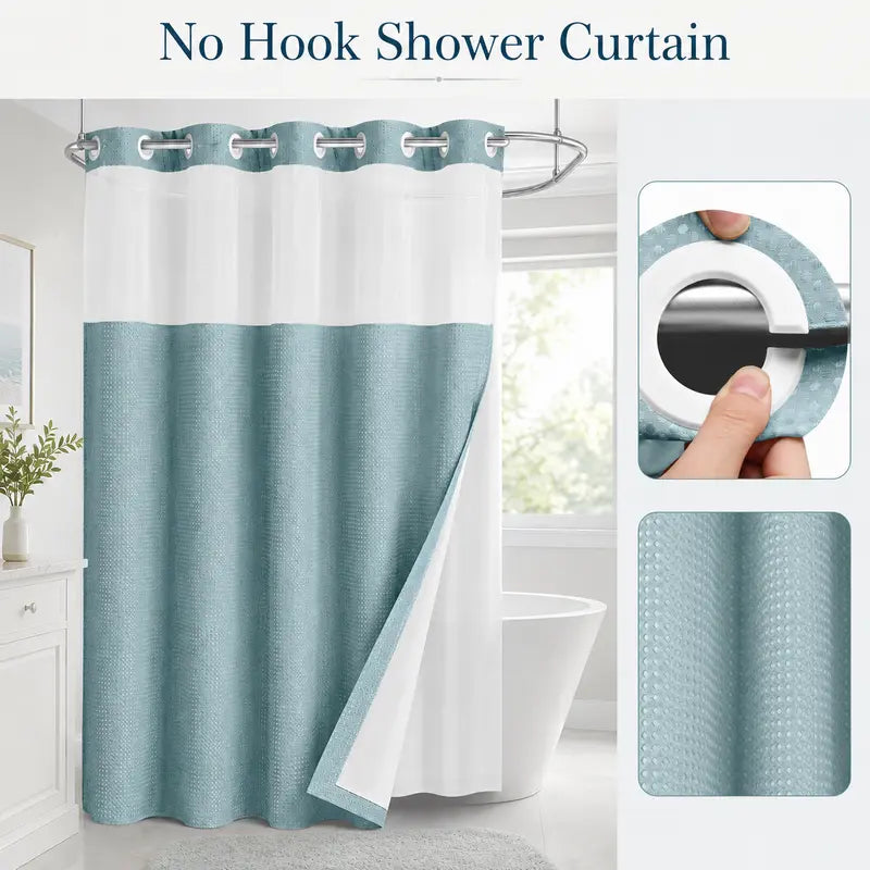 Double Layer Waffle-Pattern Shower Curtain - No Hook Snap-in Liner, Waterproof Inner & Washable White Outer Cloth, Bathroom Accessory for Home/Hotel/Dorm, 72x75 Inch