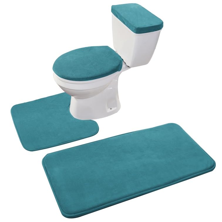 Madeals Bathroom Rug Set 4 Piece with Toilet Lid Cover and Tank Cover Black