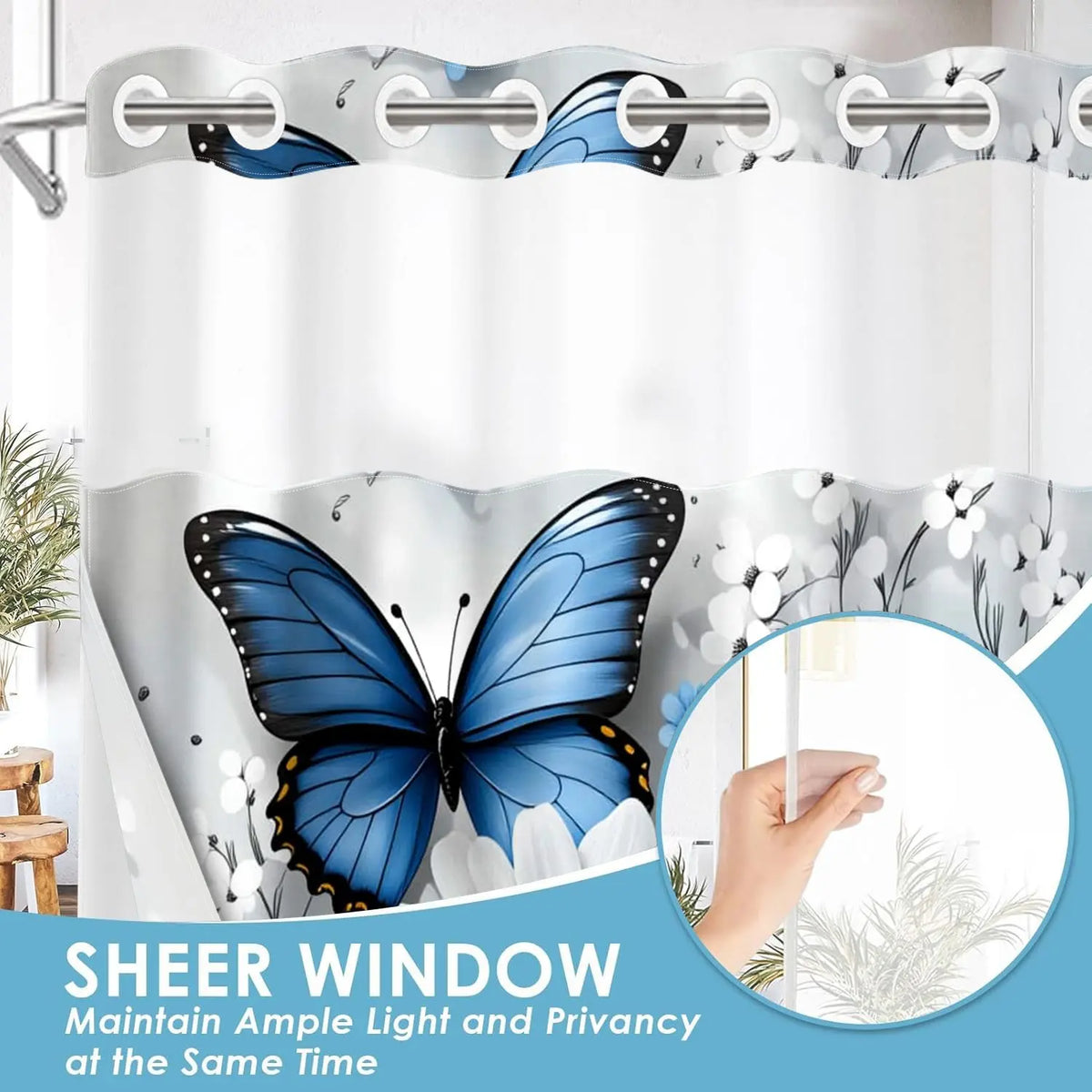 1 Piece Hookless Double Layer Pretty Shower Curtain, Blue Butterfly & White Daisy Print Bath Curtain with Removable Liner and Top See-Through Window, Waterproof and Mildew Resistant, Durable Fabric, Farmhouse Home Decor, 71×74""