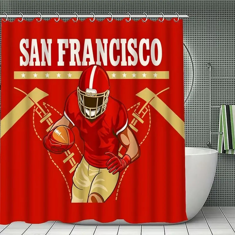 1/4pcs San Francisco Football Team Themed Shower Curtain Set, Bathroom Decoration Accessories, includes non-slip mat, U-shaped rug, toilet seat cover, Shower Essentials, comes with 12 shower curtain hooks, Bathroom Decor And Accessories