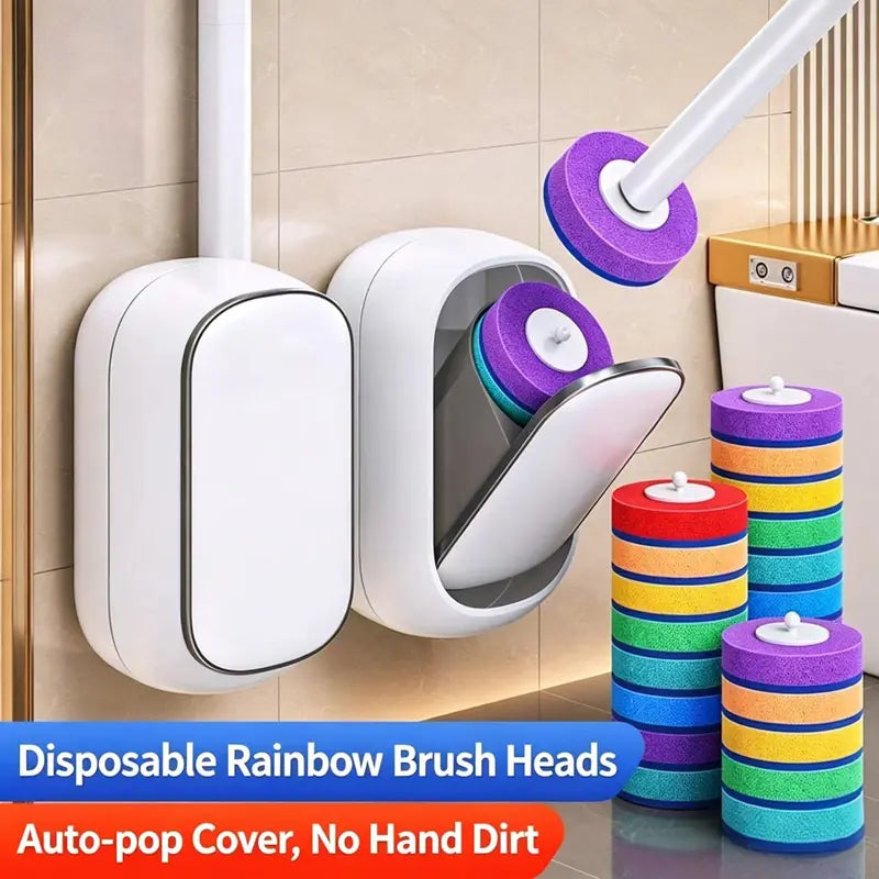 Wall-Mounted Toilet Bowl Brush Kit - New Upgrade Disposable Self-Cleaning Pads, Wand, Plastic Box, Compact Space-Saving Bathroom Organiser, Multifunctional 3-Layer Deep Clean, Removable & Washable, Adhesive Tape, No Pre-Rinse/Mess/Odors