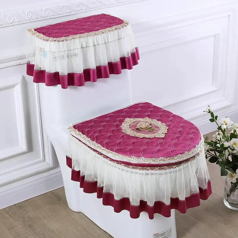 Elegant Solid 3-Piece Luxury Velvet Lace Toilet Accessories Set - Skirted Lace Trim, Commode Cushion, Water Tank Cover, Toilet Paper Holder Cover, Home Interior Decoration for Household Bathroom Upgrade, Toilet Accessories Cover, Bathroom Decor