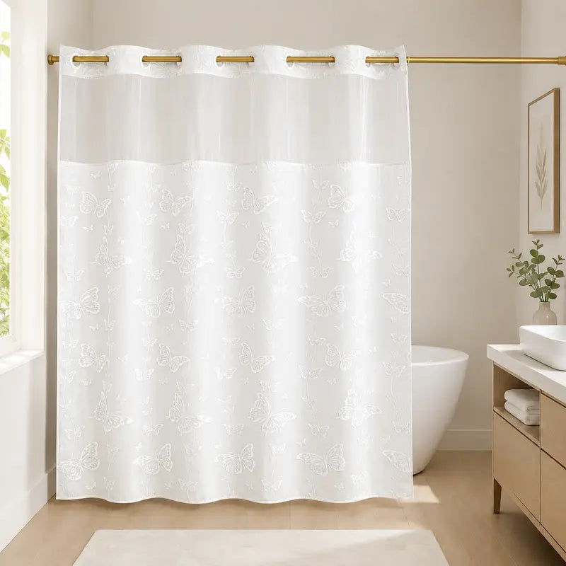 Black Butterfly Hookless Shower Curtain with White Mesh Window, Water-Resistant & Machine Washable Fabric Curtain, Easy Install Bathroom Decor, 72 x 75 Inch
