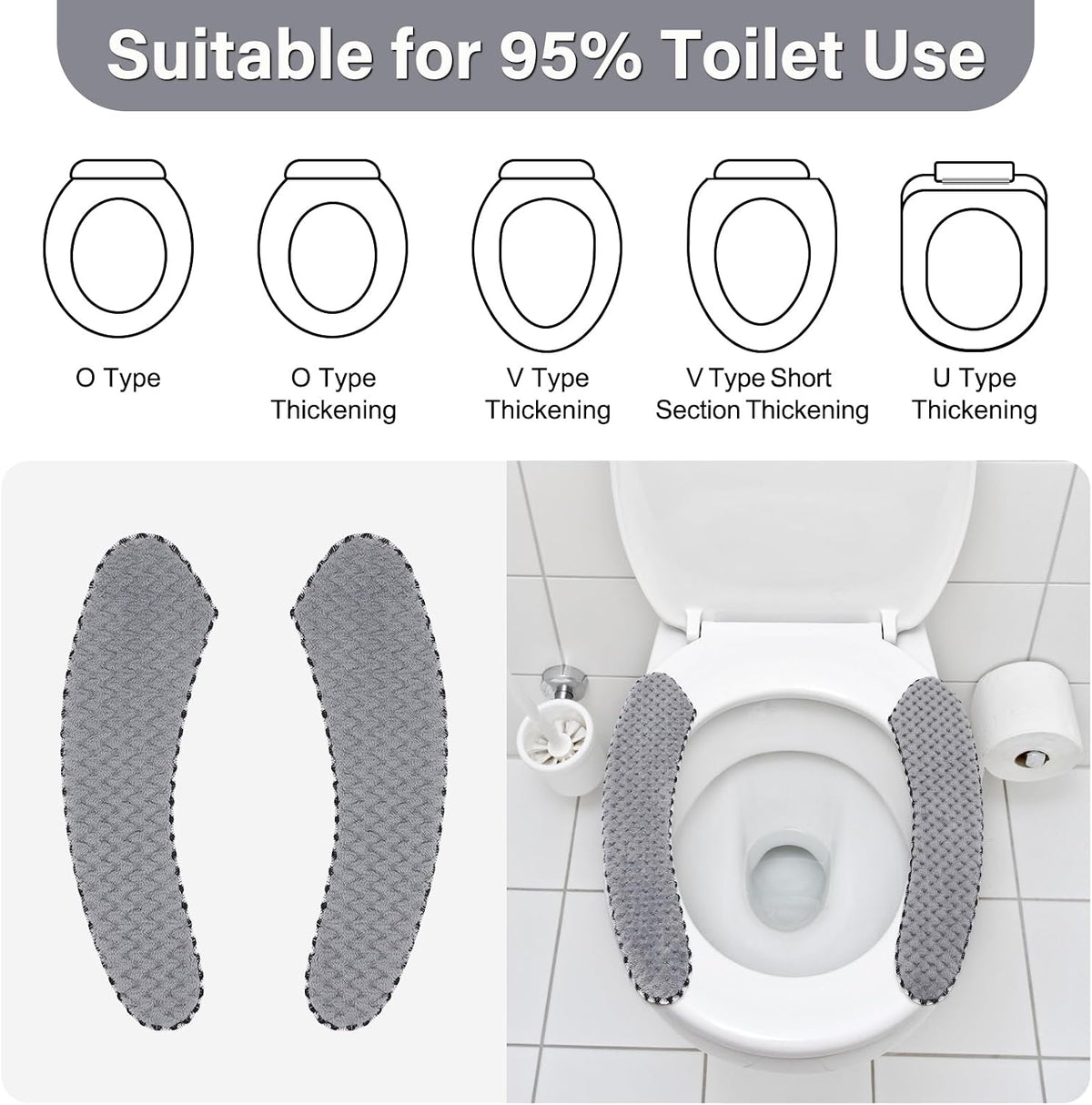 2Pairs Warm Toilet Seat Cover Mat Plush Thick Toilet Seat Padded Non Slip Soft Cushion Washable Bathroom Warmer Static Cling Cover Non Adhesive,Grey