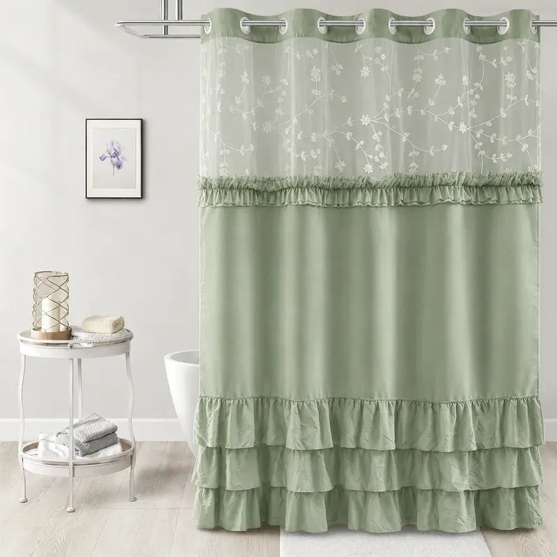 Elegant Hookless Ruffle Shower Curtain,Dual Removable Waterproof Layers with Embroidered Sheer Top, Snap-On Washable Bathroom Curtain 71*74inhch