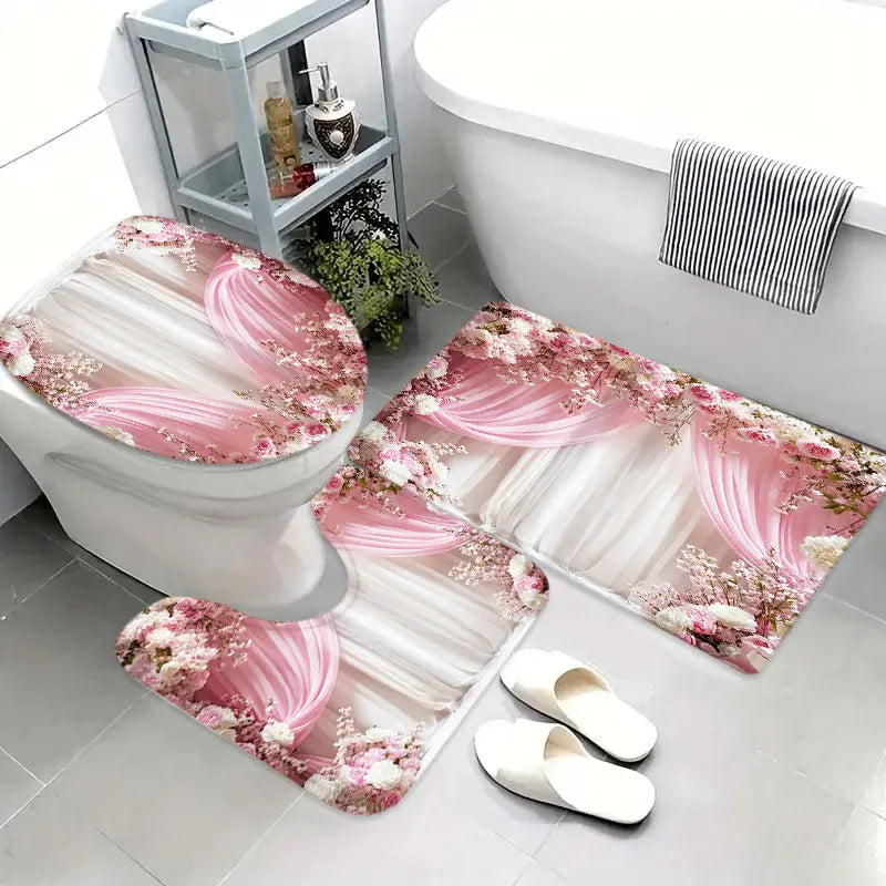4pcs Floral Pretty Set, Elegant Cherry Blossom Flower Design, Waterproof with Hooks, Bathroom Decor Kit, Gift Idea, Shower Curtain Cute