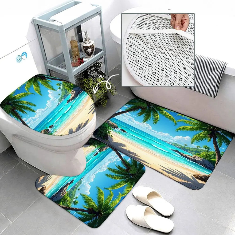 1/4pcs Tropical Beach Shower Curtain Set, Bathroom Shower Curtain Sets, 72x72 Inch Ocean Waves Palm Trees Curtain with Bidet Mat (60x20), Toilet Seat Cover, 2 Bath Rugs (24x16) - Summer Aesthetic Bathroom Decor for Coastal Vibe, Easter Mother’s Day Gift