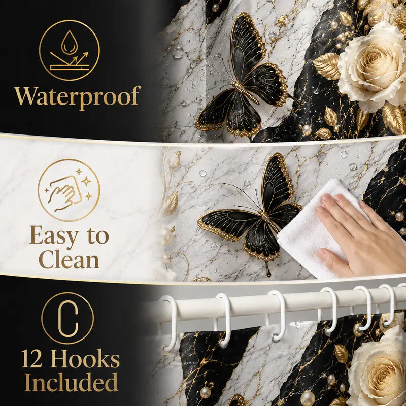 1/4pcs Bathroom Curtains Shower Set, Marble Butterfly Pattern, Luxury Theme Decor, Bath Mat Rug, Includes 12 Hooks, Home Decoration Gift, Bathroom Decoration Accessories