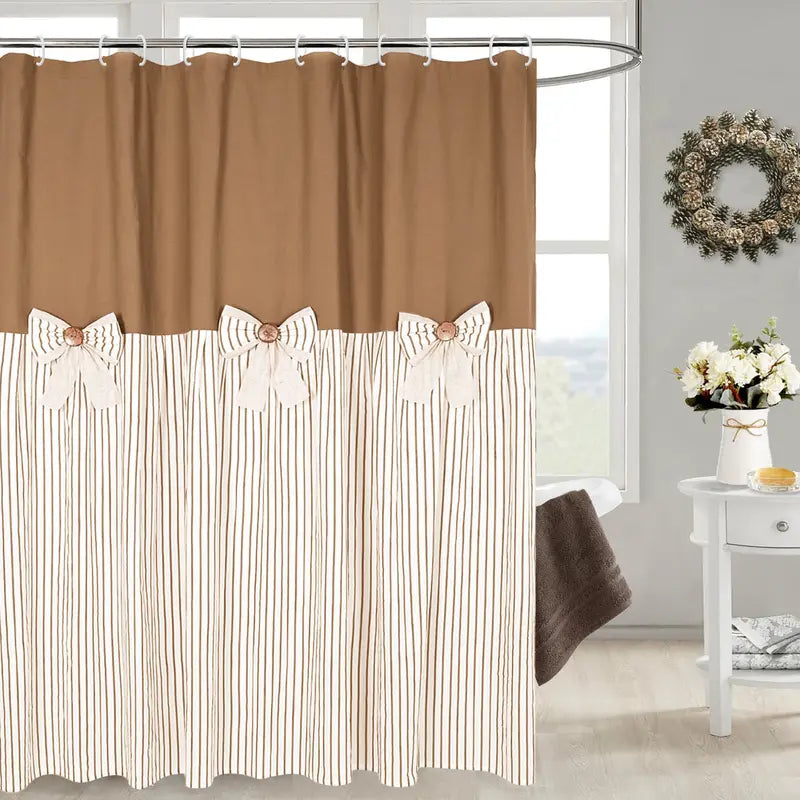 Rustic Farmhouse Shower Curtain - Striped Bottom, Bow Detail, Pattern Design for Cozy Bathroom Decor, Farmhouse Shower Curtains