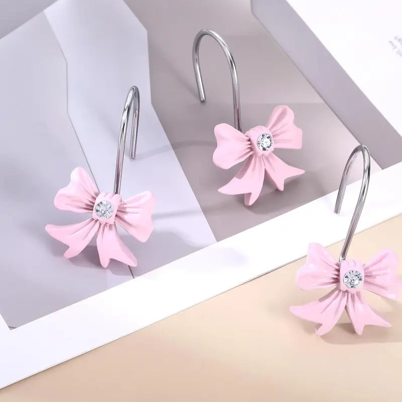 12PCS Premium Resin Blush Pink Bow Knot Shower Curtain Hooks - Metal Alloy Material, Eyelet Fit, Standard Rod Diameter, Bathroom Accessories for Baby Room Nursery