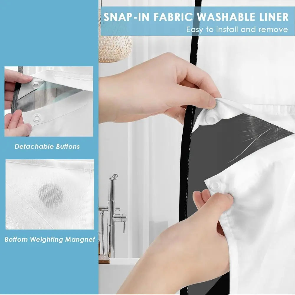 1pc hookless Printed shower curtain with buckle lining, black background with yellow eyes and black cat design, 2D flat printing, fabric waterproof lining, see-through double-layer shower curtain, 71 x 74 inches, modern home draping curtain.