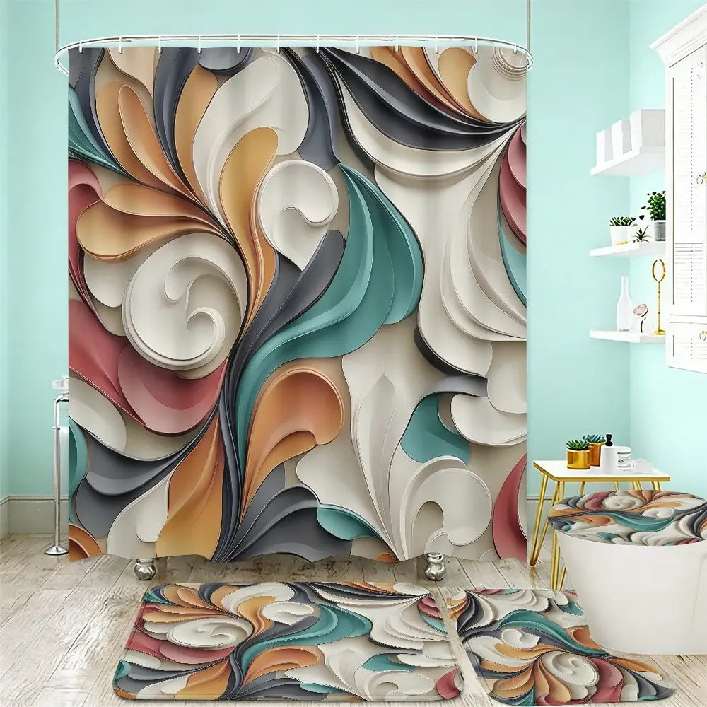 Colorful Abstract Geometric Bathroom Set, Waterproof Multifunctional Shower Curtain, Includes 12 Hooks, Non-Slip Bath Mat, Toilet Cover Pad