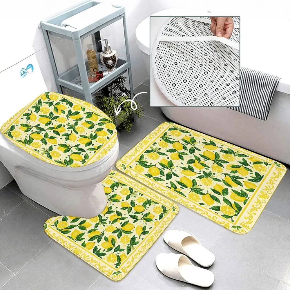 4pcs Lemon Citrus Shower Curtain Set, Printed Shower Curtain, Fresh Yellow Lemon Print Bathroom Decor, Summer Lemonade, Kitchen Garden, Fruit Blossom, Tropical Farmhouse, TikTok Shop Trendy Bathroom Upgrade