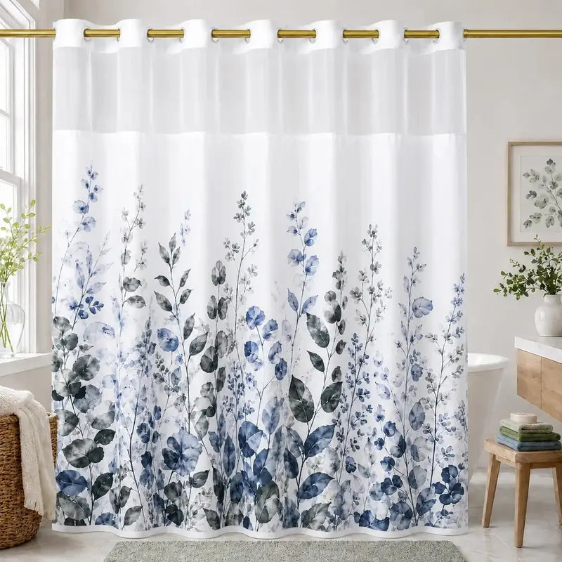 Hookless Shower Curtain Set with Snap-in Liner, Double Layer Floral Botanical Design, Sheer Top Window, 72x75 Inch Waterproof Washable Bathroom Curtain,