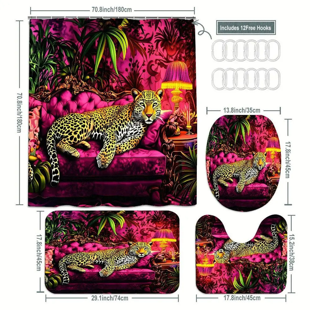 1/4pcs Tropical Leopard Shower Curtain Set - Magenta Pink Jungle Bathroom, Bathroom Decorations, Black Gold Spotted Leopard on Pink Couch with Green Foliage, Matching Toilet Lid Cover & 2 Bath Mats - Bathroom Accessories for Spring Summer Festive Vibes