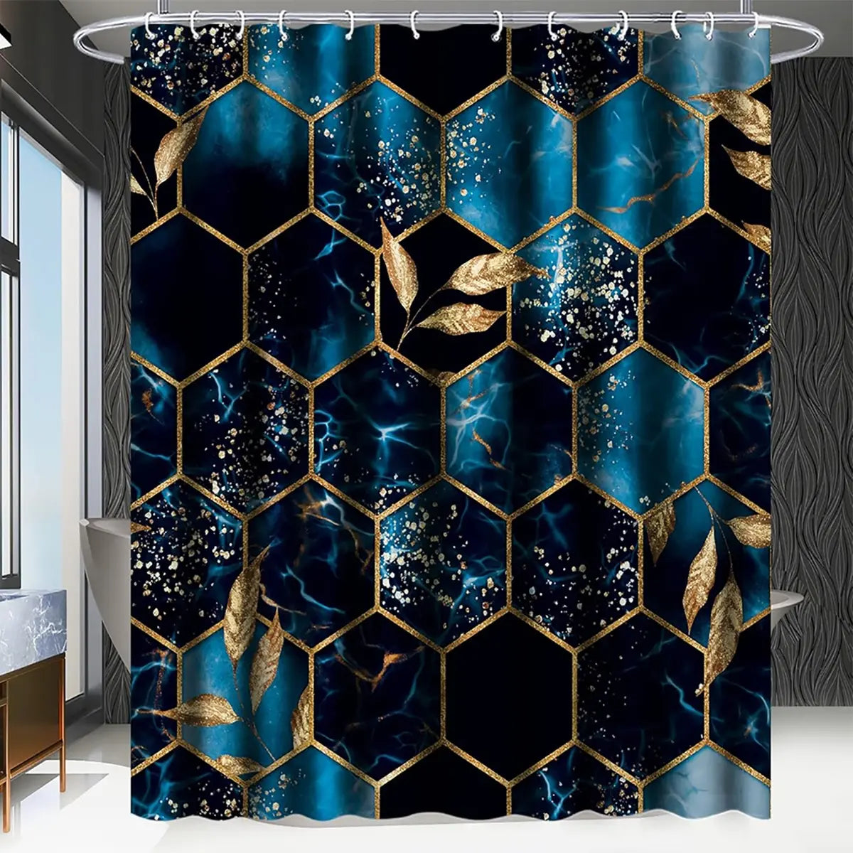 1/4 pcs sky blue honeycomb marble pattern shower curtain set, Bathroom Shower Curtain Sets, Decorative shower curtain, non-slip floor mat, U-shaped carpet, toilet lid cover, for bathroom decoration accessories, partition, free 12 shower curtain hooks