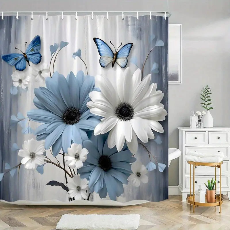 Blue and White Floral Butterfly Shower Curtain with Hooks - Bathroom Accessory, Plastic, Floral Nature Art Design, Soft Gray Backdrop, Bright Flowers, Sophisticated Theme, Compatible with Shower Curtain Rod, Ideal Gift