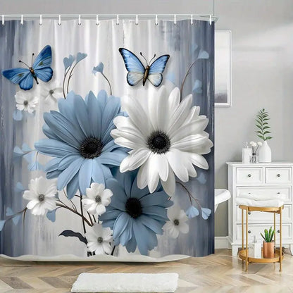 Blue and White Floral Butterfly Shower Curtain with Hooks - Bathroom Accessory, Plastic, Floral Nature Art Design, Soft Gray Backdrop, Bright Flowers, Sophisticated Theme, Compatible with Shower Curtain Rod, Ideal Gift