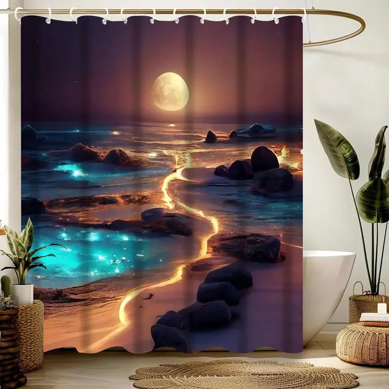 Dreamy Moonlight Fluorescent Coast Artwork Shower Curtain Set with 12 Hooks - Waterproof, Non-Slip Bathroom Carpet, Toilet U-Shaped Cushion, Toilet Seat Cover Cushion - Bathroom Decor, Decoration, Calming Look & Feel, Ideal Moving Gift