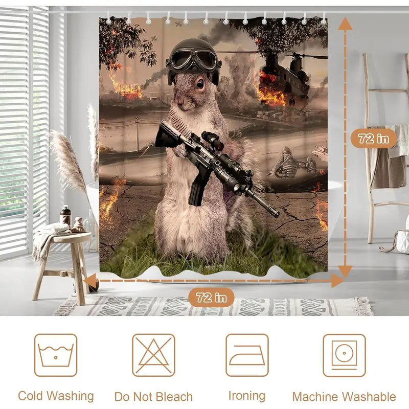 Warrior Squirrel Animal Print Waterproof Polyester Shower Curtain - Black & Green Fabric, Metal Grommets, Animals Design, Machine Washable, Hanging, 72w x 72l (Pack of 1), Multiple Sizes, Best Gift for the Bathroom