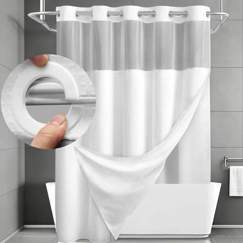No Hook Waffle Weave Waterproof Shower Curtains for Bathroom, Double-Layer Shower Curtain with Removable Snap-In Liner, Airy Bright Transparent Mesh Top Window, Luxury Bathroom Decor, Modern Washable Home Supply, 72x75in