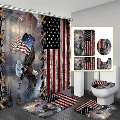 1/4pcs American Flag Pattern Bathroom Decor Set, Including Shower Curtain & Toilet U-shape Mat & Bathroom Mat & Toilet Lid Cover, Bathroom Decor And Accessories