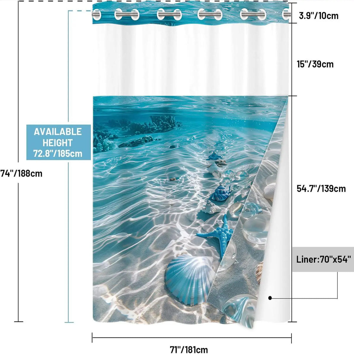 1 Pack No Hook Double Layer Shower Curtain, Shower Curtain No Hooks, Underwater Coral & Seashell Print, Waterproof, Mildew Resistant, Durable Fabric, Ocean Home Decor, Removable Liner, Top See-Through Window, Partition Curtain, Installation 71"×74"