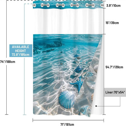 1 Pack No Hook Double Layer Shower Curtain, Shower Curtain No Hooks, Underwater Coral & Seashell Print, Waterproof, Mildew Resistant, Durable Fabric, Ocean Home Decor, Removable Liner, Top See-Through Window, Partition Curtain, Installation 71"×74"