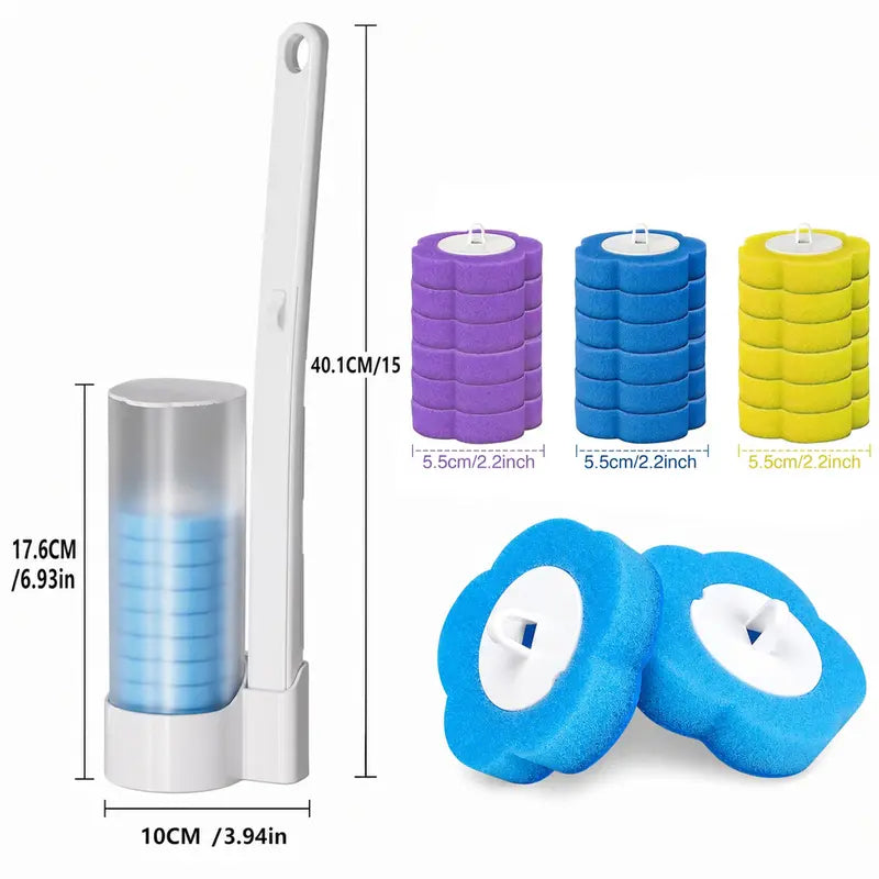 Disposable Toilet Scrubber Wand - Plastic Bathroom Cleaning Tool, Disposable Toilet Cleaning System with Flower-Shaped Sponge Heads, Built-In Solution, Long Handle for Hard-To-Reach Areas & Deep Clean