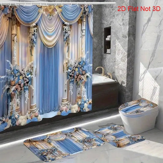 Vintage Floral Pattern Bathroom Curtain Set, 4 Counts/set Including Shower Curtain & Toilet U-shape Mat & Rectangular Mat & Toilet Lid Cover, Bathroom Decoration Accessories, Bathroom Supplies, Shower Curtain Sets, Bathroom Accessory