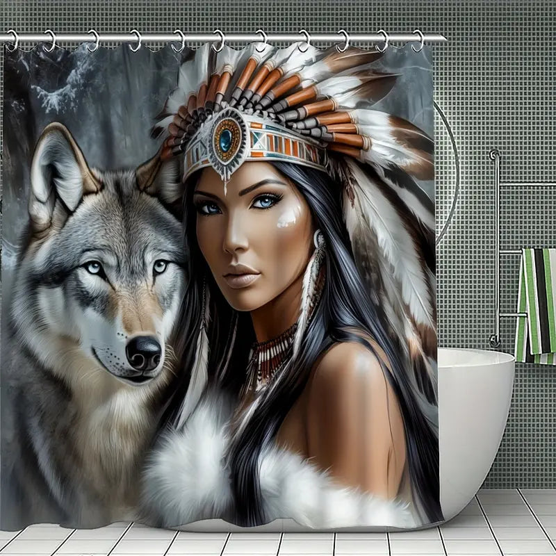 1/4pcs 2D Flat Tribal Spirit Shower Curtain Set, Native American Headdress and Wolf Bathroom Decor, Accessories with Bath Mat, U-shaped Mat, Toilet Lid Cover, Shower Curtain Includes Hooks, Wild Tribal Art, Home Decor, Bathroom Accessories.
