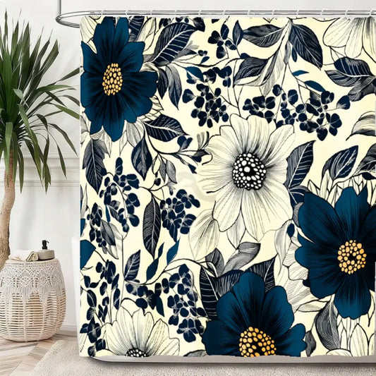 Vintage Floral Shower Curtain - Navy Blue, Beige Botanical Bathroom Decor With, Machine Washable Polyester Curtain with Hooks for Bathtub Or Shower, Bathroom Shower Curtain