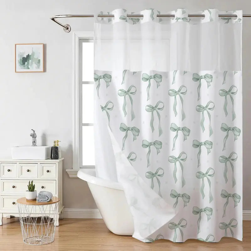 Pink Bowknot Polka Dot Shower Curtain, Sheer Mesh Top, Double Layer Hookless Bath Curtain, Sweet Style Bathroom Decor, 72 x 75 in Double-Layer