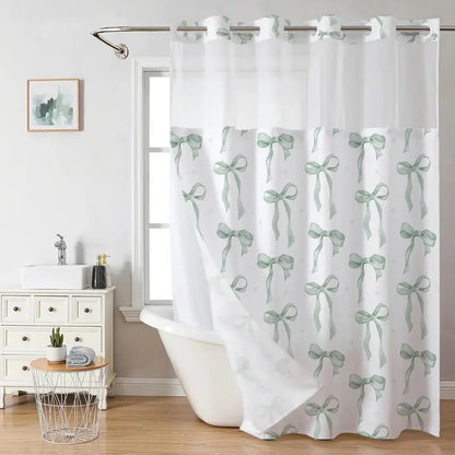 Pink Bowknot Polka Dot Shower Curtain, Sheer Mesh Top, Double Layer Hookless Bath Curtain, Sweet Style Bathroom Decor, 72 x 75 in Double-Layer