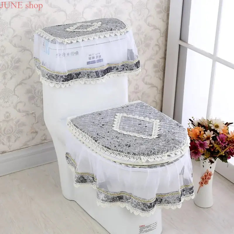 Elegant Solid 3-Piece Luxury Velvet Lace Toilet Accessories Set - Skirted Lace Trim, Commode Cushion, Water Tank Cover, Toilet Paper Holder Cover, Home Interior Decoration for Household Bathroom Upgrade, Toilet Accessories Cover, Bathroom Decor