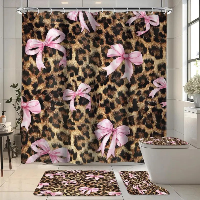 Pink Bow with Leopard Print Playful Bathroom Shower Curtain Sets (1/4 Pcs) - Polyester, Non-Slip Floor Mat, U-Shaped Carpet, Toilet Lid Cover, 12 Shower Curtain Hooks, Cohesive Set for Bathroom Decor, Bows