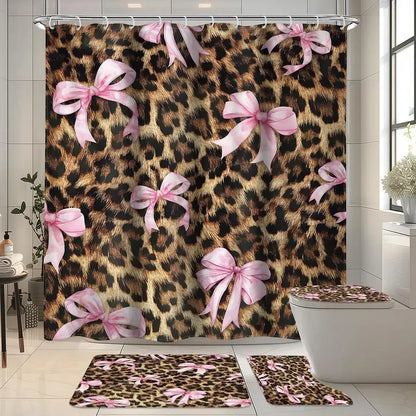 Pink Bow with Leopard Print Playful Bathroom Shower Curtain Sets (1/4 Pcs) - Polyester, Non-Slip Floor Mat, U-Shaped Carpet, Toilet Lid Cover, 12 Shower Curtain Hooks, Cohesive Set for Bathroom Decor, Bows