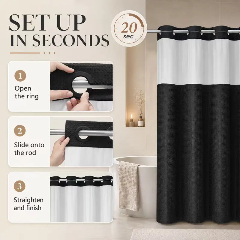 Double-layer waffle-pattern shower curtain — hookless snap-closure lining, waterproof inner layer and washable white outer layer; modern bathroom accessory suitable for home, hotel, salon, dormitory, and home decor; 72 x 75 inches sohochic