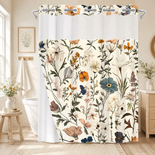 1Pc Vintage Boho Hookless Double Layer Floral Shower Curtain, Floral Shower Curtains for Bathroom, Wildflower Print, Removable Waterproof Anti-Mildew White Liner, Sheer Top, Machine Washable for Home & Hotel, 71×74in