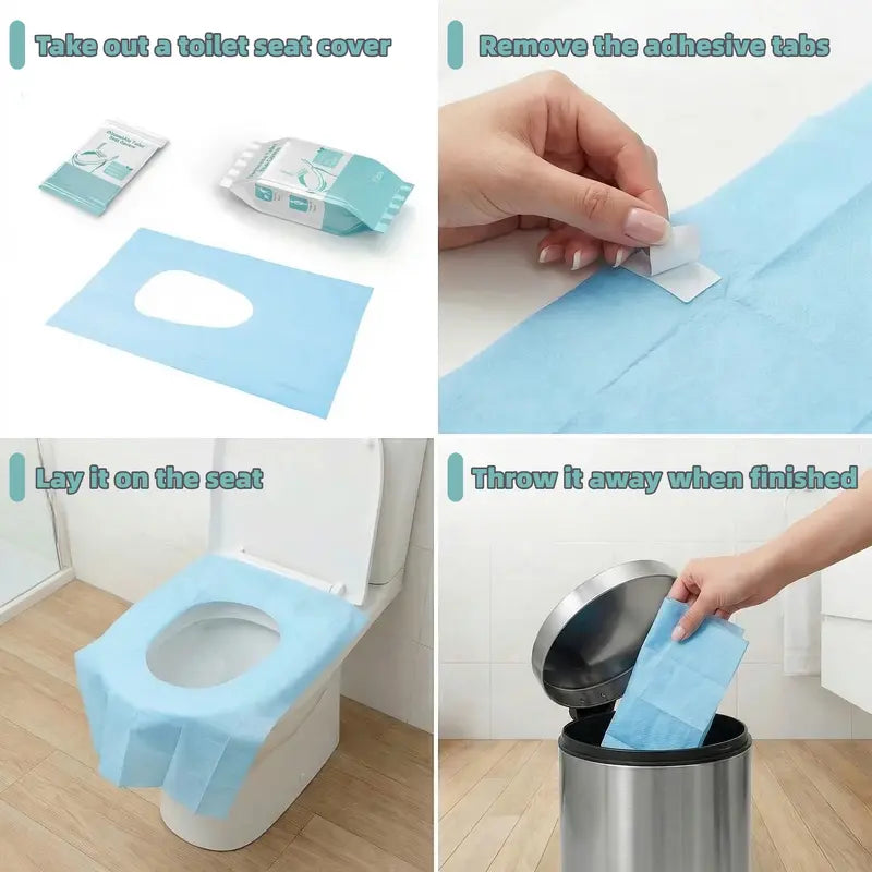 Disposable Toilet Seat Protector (30 Pcs, 24x25 in) - PE Material, Elongated, All Seasons, Hygienic Barrier, Waterproof, Foldable, Portable, Adhesive Tabs, Non-Slip, 1-Step Use, Soft Thick Layer, for Public Toilets, Potty Training