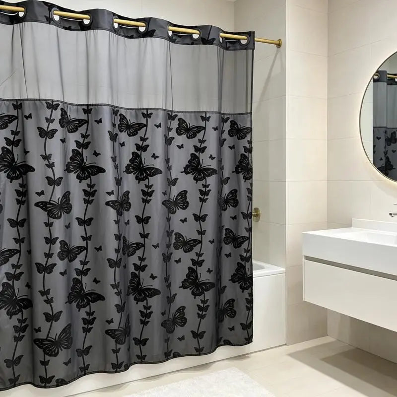 Silver No Hook Double-Layer Butterfly Flocked Shower Curtain,Mesh Top Window，Mesh Top Window, Hook-Free Design, Easy Installation, Farmhouse, Hotel, Modern Home Decoration, 72x75i
