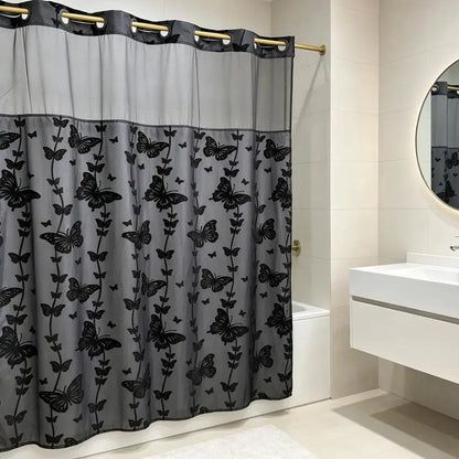 Silver No Hook Double-Layer Butterfly Flocked Shower Curtain,Mesh Top Window，Mesh Top Window, Hook-Free Design, Easy Installation, Farmhouse, Hotel, Modern Home Decoration, 72x75i