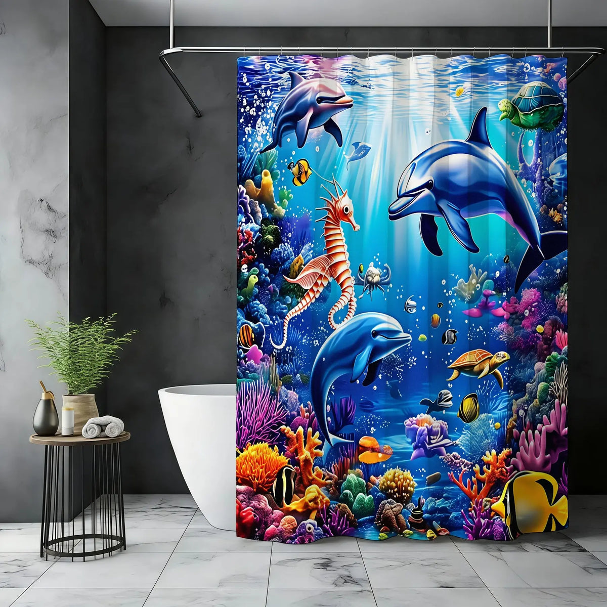 Vibrant Underwater Ocean Scene Printed Shower Curtain, Dolphins, Sea Turtles, Coral Reef, Lively Fish, Nautical Bathroom Decor, Summer Vibes, Aesthetic Shower Curtain, Decorative Shower Curtain, Waterproof Shower Curtain