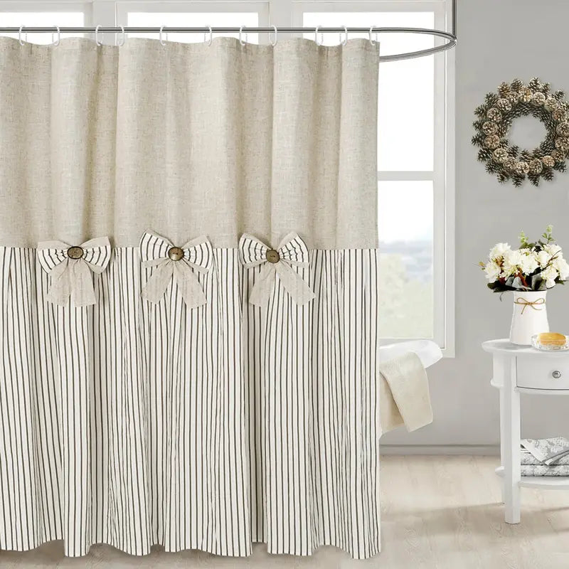 Rustic Farmhouse Shower Curtain - Striped Bottom, Bow Detail, Pattern Design for Cozy Bathroom Decor, Farmhouse Shower Curtains