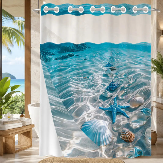 1 Pack No Hook Double Layer Shower Curtain, Shower Curtain No Hooks, Underwater Coral & Seashell Print, Waterproof, Mildew Resistant, Durable Fabric, Ocean Home Decor, Removable Liner, Top See-Through Window, Partition Curtain, Installation 71"×74"