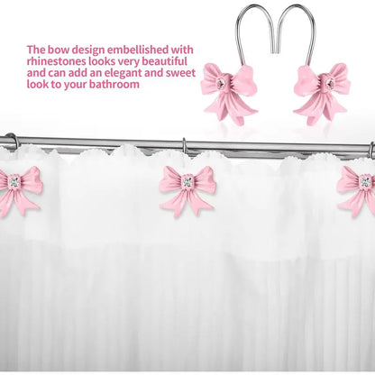 12PCS Premium Resin Blush Pink Bow Knot Shower Curtain Hooks - Metal Alloy Material, Eyelet Fit, Standard Rod Diameter, Bathroom Accessories for Baby Room Nursery
