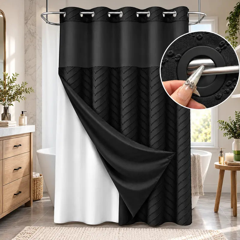 Hookless Boho Tufted Chevron Striped Shower Curtain, Waterproof & Washable, Removable White Outer Layer, Modern Textured Design, See-Through Mesh Top Window, for Bathroom & Hotel, 71 × 74 Inch
