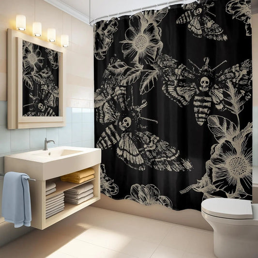 Skull Moth Flower Pattern Decorative Aesthetic Shower Curtain Sets, 1 Count Bathroom Interior Curtain with Hooks, Bathroom Accessories for Home Hotel Salon Dormitory Decor, Showercurtain, Bathroom Decoration Accessories, Bathroom Curtains